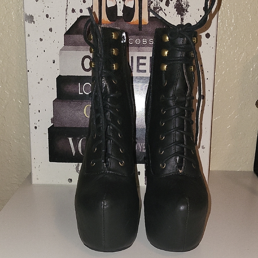 Jeffrey Campbell Damsel Black Lace Up Platform Wedge Boots, Sz 7.5 - Picture 4 of 11